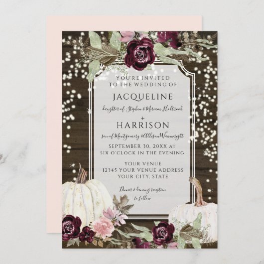 Invitation Burgundy Blush Floral Rustic Twinkle Mariage (Devant / Derrière)