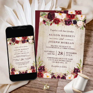 Invitation Burgundy Blush Floral Rustique Grange Mariage en b