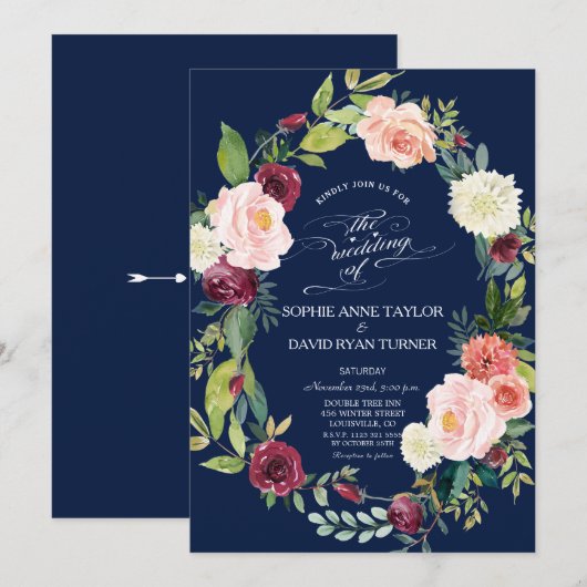 Invitation Burgundy Blush Floral Wreath Mariage bleu foncé (Devant / Derrière)