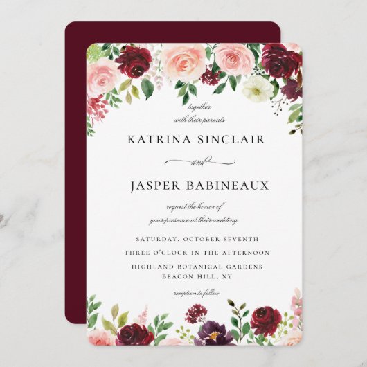 Invitation Burgundy Blush FlorMariage (Devant / Derrière)