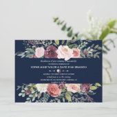 Invitation Burgundy Blush Flowers Mariage bleu marine (Debout devant)