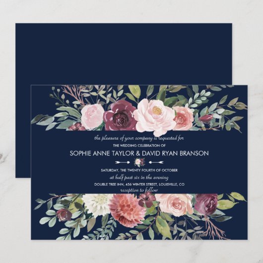 Invitation Burgundy Blush Flowers Mariage bleu marine (Devant / Derrière)
