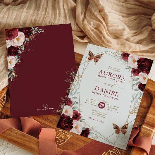 Invitation Burgundy Blush Gold Floral Mariage papillon