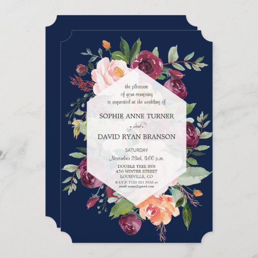 Invitation Burgundy Blush Ivory Floral Mariage bleu foncé (Devant / Derrière)