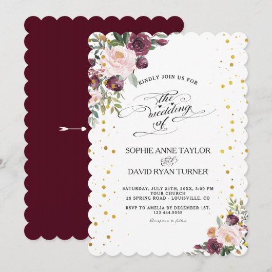 Invitation Burgundy Blush Ivory Floral Maroon Gold Mariage (Devant / Derrière)