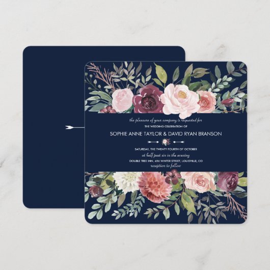 Invitation Burgundy Blush Ivory Floral Navy Mariage bleu (Devant / Derrière)