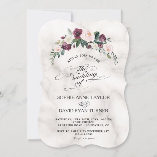 Invitation Burgundy Blush Ivory Florom Marbre Mariage (Devant)