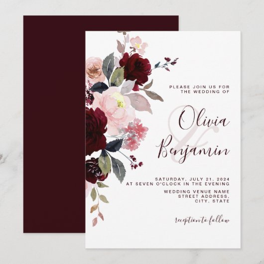 Invitation Burgundy Blush Marsala Élégant Mariage floral (Devant / Derrière)