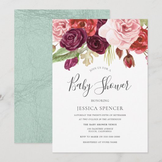 Invitation Burgundy Blush & Mint Floral Baby shower Invitatio (Devant / Derrière)