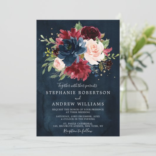 Invitation Burgundy Blush Navy Bleu Botanique Floral Mariage (Debout devant)