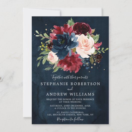Invitation Burgundy Blush Navy Bleu Botanique Floral Mariage (Devant)