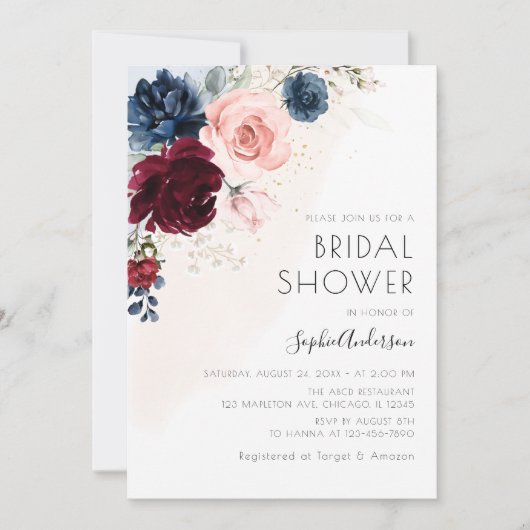 Invitation Burgundy Blush Navy Blue Floral Boho Fête des mari (Devant)