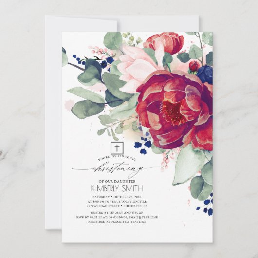 Invitation Burgundy Blush Navy Blue Floral Christening (Devant)