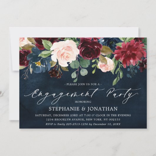 Invitation Burgundy Blush Navy Blue Floral Engagement Party (Devant)