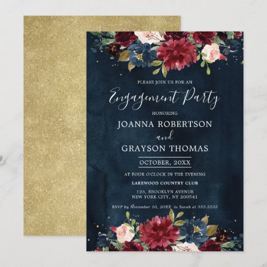 Invitation Burgundy Blush Navy Blue Floral Engagement Party (Devant / Derrière)