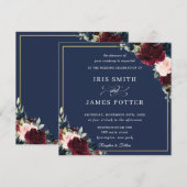 Invitation Burgundy Blush Navy Blue Floral Mariage Carré (Devant / Derrière)