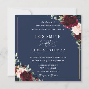 Invitation Burgundy Blush Navy Blue Floral Mariage Carré