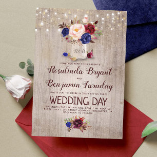 Invitation Burgundy Blush Navy Blue Floral Rustic Mariage