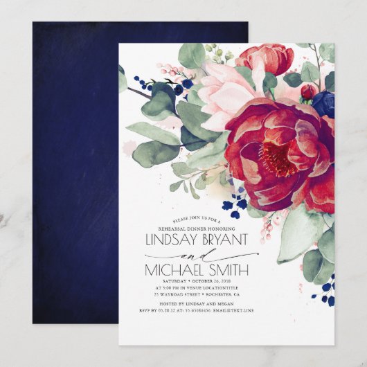 Invitation Burgundy Blush Navy Dîner de répétition Florale Bl (Devant / Derrière)