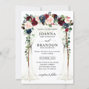Invitation Burgundy Blush Navy Floral Arch Canopy Mariage