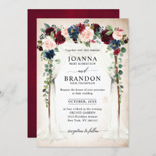 Invitation Burgundy Blush Navy Floral Arch Canopy Mariage