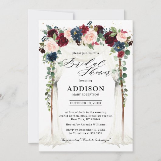 Invitation Burgundy Blush Navy Floral Arch Fête des mariées (Devant)