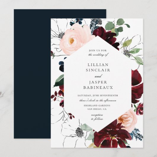Invitation Burgundy Blush Navy Floral Frame Mariage (Devant / Derrière)