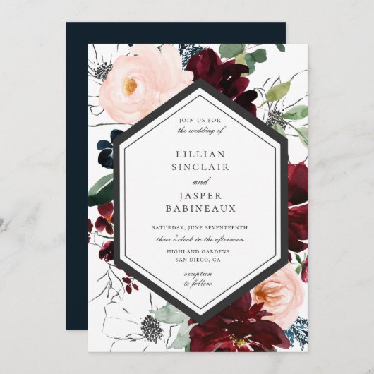 Invitation Burgundy Blush Navy Floral Frame Mariage (Devant / Derrière)