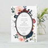 Invitation Burgundy Blush Navy Floral Oval Frame Mariage (Debout devant)