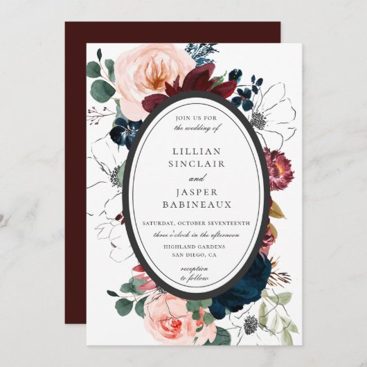 Invitation Burgundy Blush Navy Floral Oval Frame Mariage (Devant / Derrière)