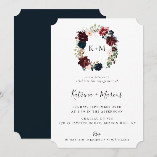 Invitation Burgundy Blush Navy Floral Wreath Fiançailles (Devant / Derrière)