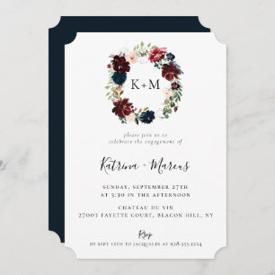 Invitation Burgundy Blush Navy Floral Wreath Fiançailles