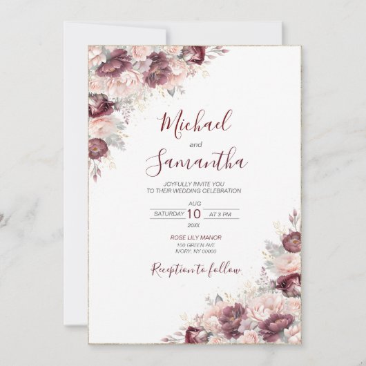 Invitation Burgundy Blush Peony et Mariage Rose (Devant)