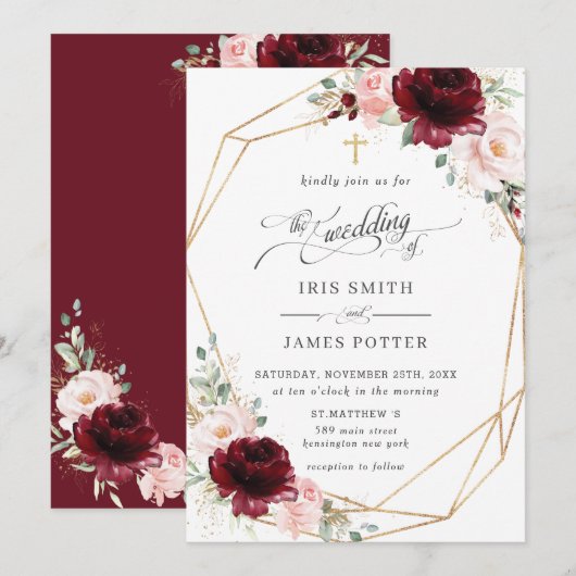 Invitation Burgundy Blush Pink Floral Church Wedding   (Devant / Derrière)