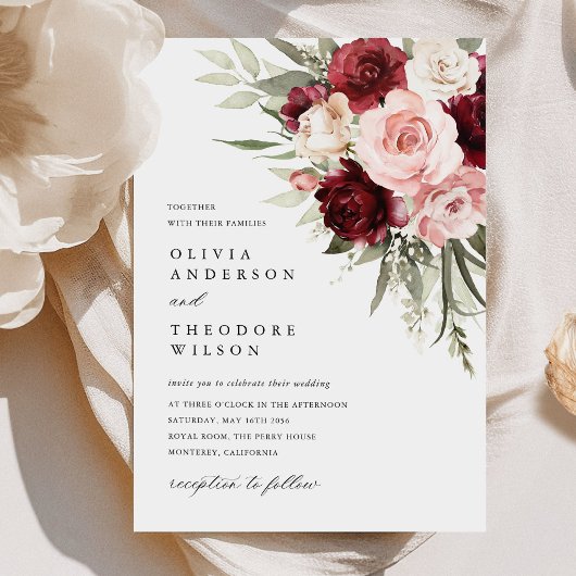 Invitation Burgundy Blush Pink Floral Rose Wedding