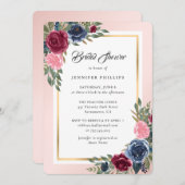 Invitation Burgundy Blush Pink Navy Blue Floral Fête des mari (Devant / Derrière)