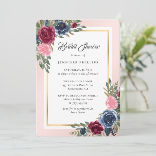 Invitation Burgundy Blush Pink Navy Blue Floral Fête des mari (Debout devant)