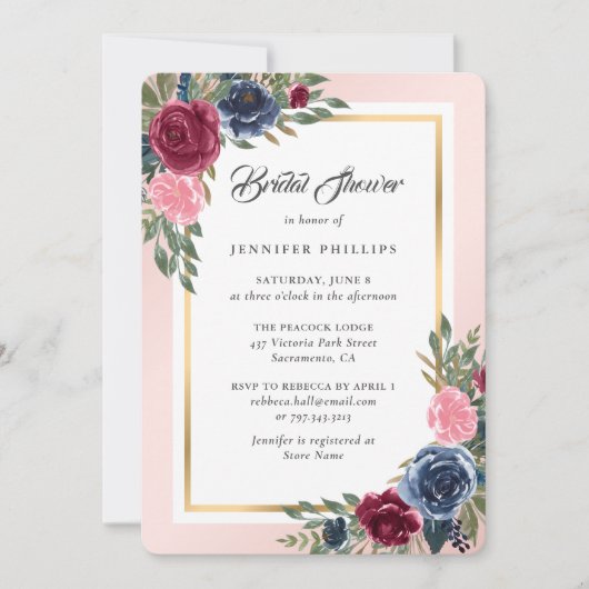 Invitation Burgundy Blush Pink Navy Blue Floral Fête des mari (Devant)