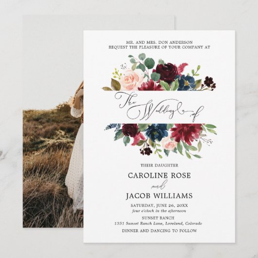 Invitation Burgundy Blush Pink Navy Blue Floral Photo Mariage (Devant / Derrière)