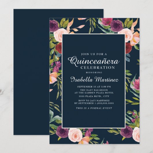 Invitation Burgundy Blush Pink Navy Floral Quinceañera (Devant / Derrière)