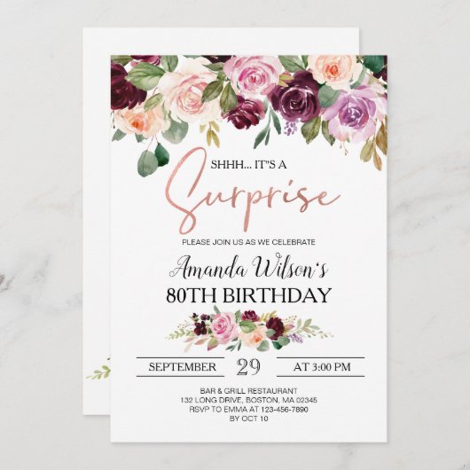 Invitation Burgundy Blush Pink Script Surprise fête d'anniver (Devant / Derrière)