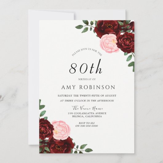 Invitation Burgundy Blush Rose 80e fête d'anniversaire (Devant)