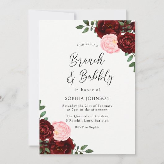 Invitation Burgundy Blush Rose Brunch & Fête des mariées Bubb (Devant)
