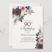 Invitation Burgundy Blush Rose Floral Feuille 90e anniversair (Devant)