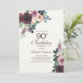 Invitation Burgundy Blush Rose Floral Feuille 90e anniversair (Debout devant)