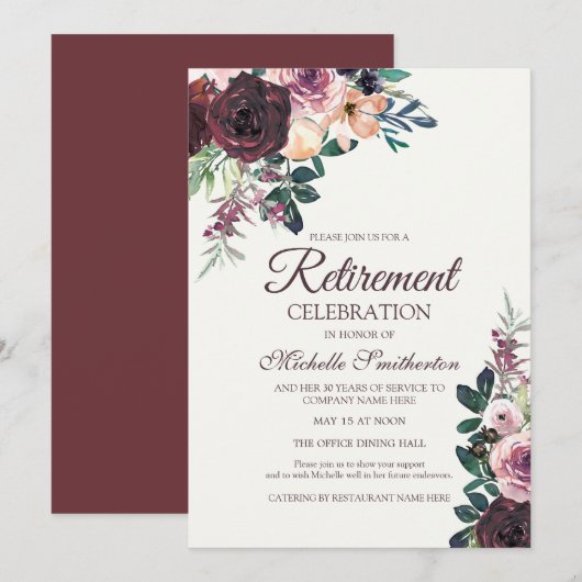 Invitation Burgundy Blush rose Floral Feuille retraite (Devant / Derrière)