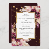 Invitation Burgundy Blush rose Floral & Gold Frame & Lumières (Devant / Derrière)