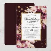 Invitation Burgundy Blush rose Floral & Gold Frame & Lumières (Devant / Derrière)