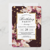 Invitation Burgundy Blush rose Floral & Gold Frame & Lumières (Devant)