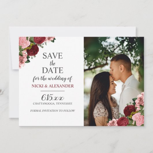 Invitation Burgundy Blush Rose Floral Mariage Date de sauvega (Devant)